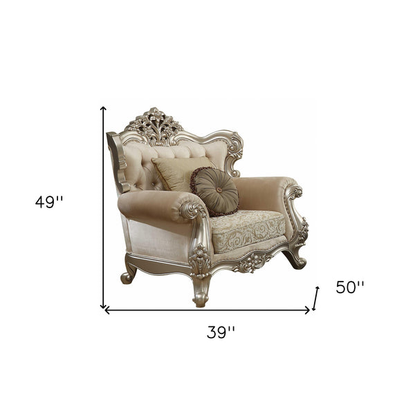 Homeroots 39" Champagne Fabric Damask Chair And A Half And Toss Pillows   347242