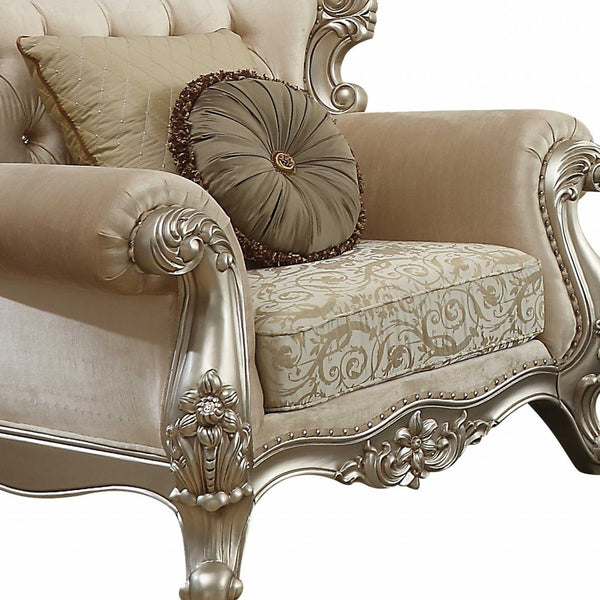 Homeroots 39" Champagne Fabric Damask Chair And A Half And Toss Pillows   347242