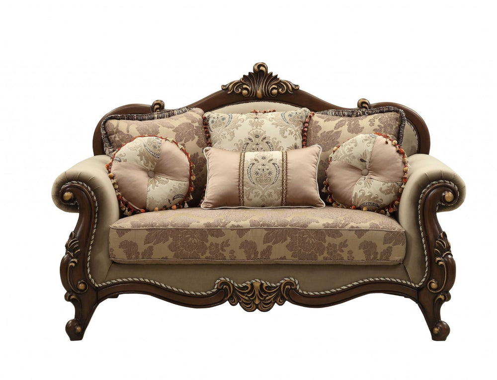HomeRoots 69" Elegant Velvet Paisley Loveseat with Toss Pillows - Luxurious Beige, Gold & Brown Accents 347246