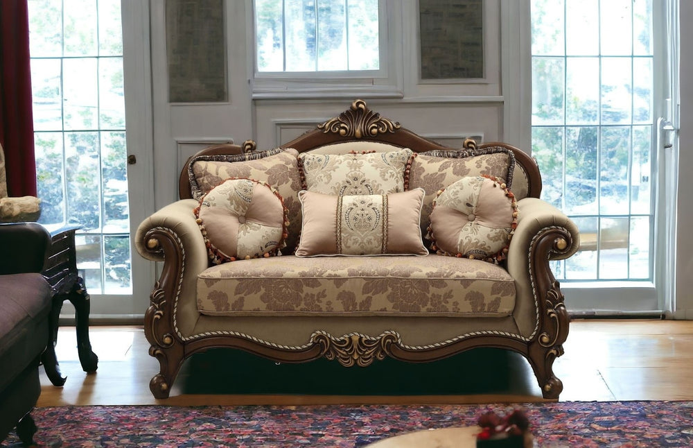 HomeRoots 69" Elegant Velvet Paisley Loveseat with Toss Pillows - Luxurious Beige, Gold & Brown Accents 347246