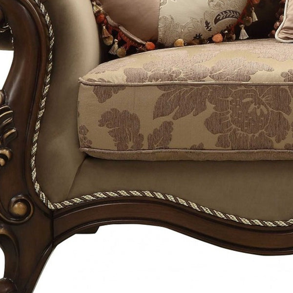 Homeroots 69" Beige And Gold And Brown Velvet Paisley Loveseat And Toss Pillows   347246