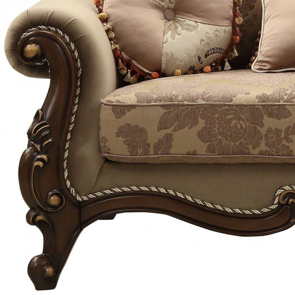 Homeroots 69" Beige And Gold And Brown Velvet Paisley Loveseat And Toss Pillows   347246