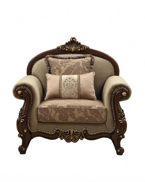 HomeRoots 38" Elegant Beige and Brown Floral Velvet Arm Chair with Toss Pillows for Chic Living Spaces 347247