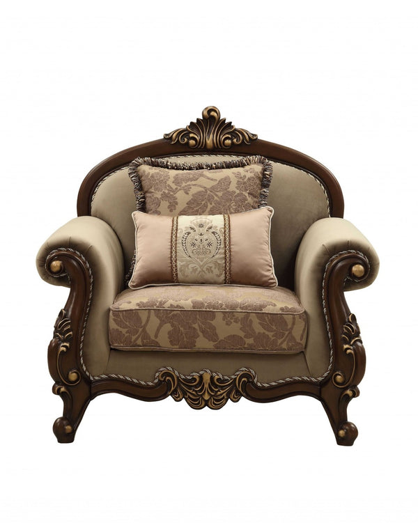 HomeRoots 38" Elegant Beige and Brown Floral Velvet Arm Chair with Toss Pillows for Chic Living Spaces 347247