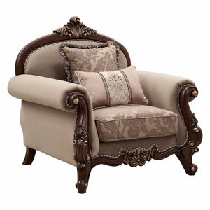 HomeRoots 38" Elegant Beige and Brown Floral Velvet Arm Chair with Toss Pillows for Chic Living Spaces 347247