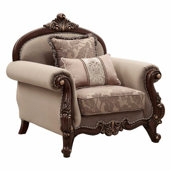 HomeRoots 38" Elegant Beige and Brown Floral Velvet Arm Chair with Toss Pillows for Chic Living Spaces 347247