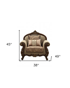 HomeRoots 38" Elegant Beige and Brown Floral Velvet Arm Chair with Toss Pillows for Chic Living Spaces 347247