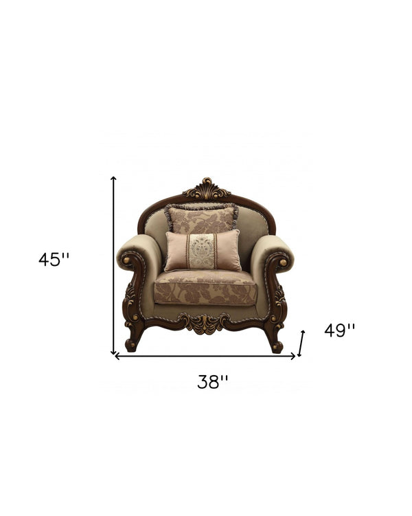 HomeRoots 38" Elegant Beige and Brown Floral Velvet Arm Chair with Toss Pillows for Chic Living Spaces 347247