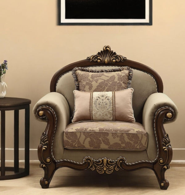HomeRoots 38" Elegant Beige and Brown Floral Velvet Arm Chair with Toss Pillows for Chic Living Spaces 347247