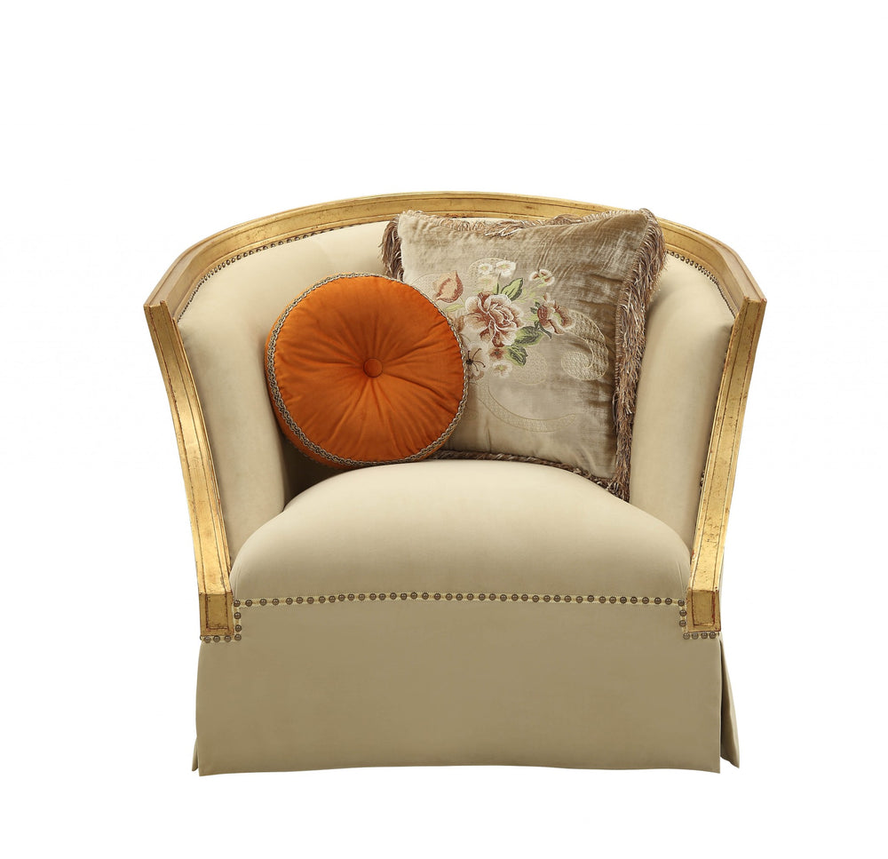 Homeroots 41" Tan And Gold Distressed Arm Chair And Toss Pillows   347248