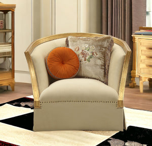 Homeroots 41" Tan And Gold Distressed Arm Chair And Toss Pillows   347248