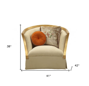 Homeroots 41" Tan And Gold Distressed Arm Chair And Toss Pillows   347248