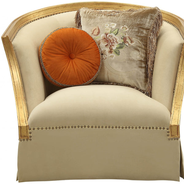 Homeroots 41" Tan And Gold Distressed Arm Chair And Toss Pillows   347248