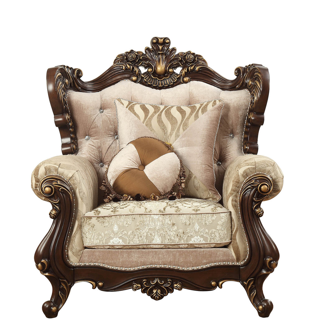 Homeroots 36" Beige And Brown Fabric Damask Tufted Arm Chair And Toss Pillows   347251