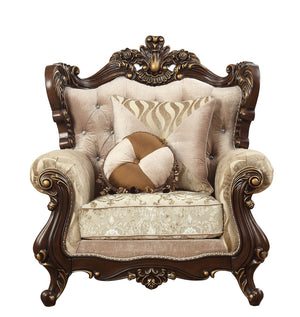 Homeroots 36" Beige And Brown Fabric Damask Tufted Arm Chair And Toss Pillows   347251