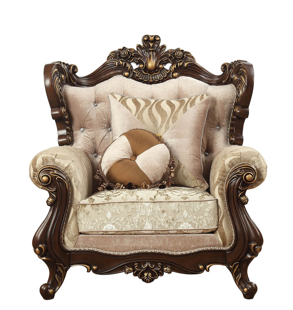 Homeroots 36" Beige And Brown Fabric Damask Tufted Arm Chair And Toss Pillows   347251