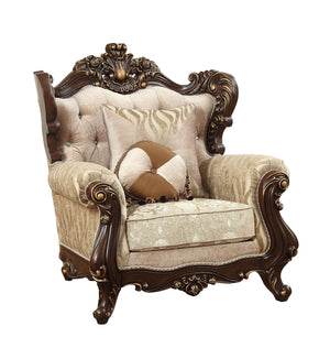 Homeroots 36" Beige And Brown Fabric Damask Tufted Arm Chair And Toss Pillows   347251