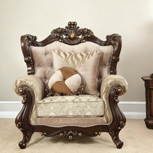 Homeroots 36" Beige And Brown Fabric Damask Tufted Arm Chair And Toss Pillows   347251