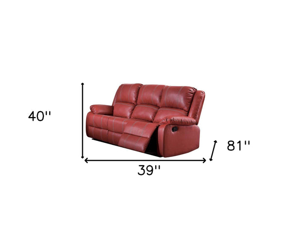 Homeroots 81" Red Faux Leather Reclining Sofa With Black Legs   347256