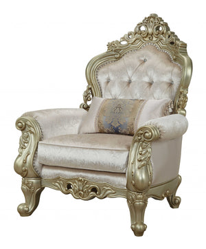 Homeroots 40" Cream And Antiqued White Fabric Damask Tufted Arm Chair And Toss Pillow   347257