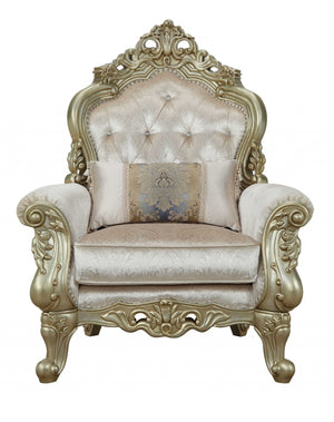 Homeroots 40" Cream And Antiqued White Fabric Damask Tufted Arm Chair And Toss Pillow   347257