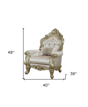 Homeroots 40" Cream And Antiqued White Fabric Damask Tufted Arm Chair And Toss Pillow   347257
