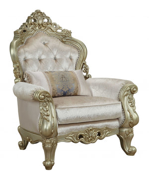 Homeroots 40" Cream And Antiqued White Fabric Damask Tufted Arm Chair And Toss Pillow   347257