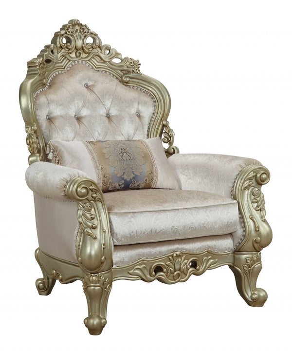 Homeroots 40" Cream And Antiqued White Fabric Damask Tufted Arm Chair And Toss Pillow   347257