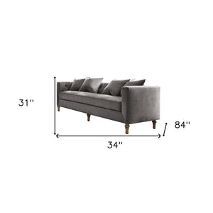 Homeroots 34" Gray Velvet Sofa And Toss Pillows With Brown Legs   347269
