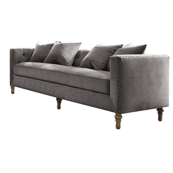 Homeroots 34" Gray Velvet Sofa And Toss Pillows With Brown Legs   347269