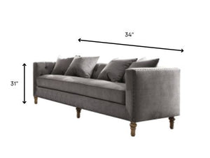 Homeroots 34" Gray Velvet Sofa And Toss Pillows With Brown Legs   347269