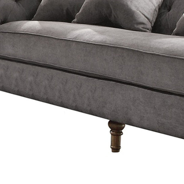 Homeroots 34" Gray Velvet Sofa And Toss Pillows With Brown Legs   347269