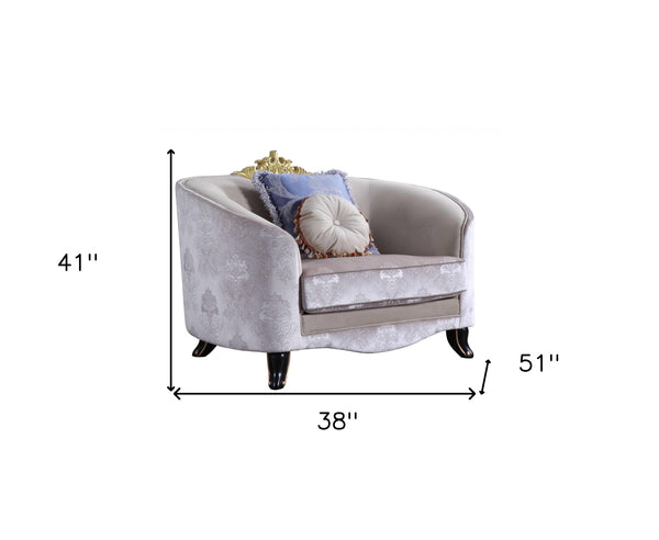 Homeroots 38" Cream And Black Velvet Damask Barrel Chair And Toss Pillows   347277