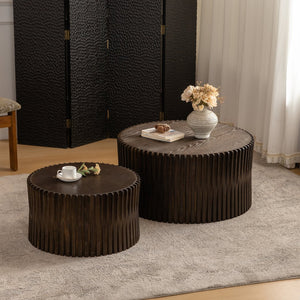 English Elm Vintage Cylindrical Nesting Coffee Table Set, Textured Embossed Wood Accent Tables for Living Room Dark Brown W757P195739