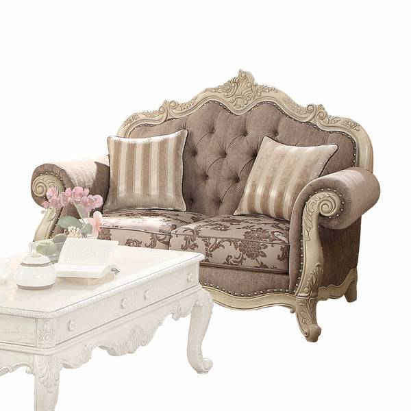 Homeroots 69" Gray And Off White Damask Chesterfield Loveseat And Toss Pillows Gray Fabric & Antique White  347288