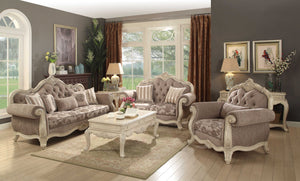 Homeroots 69" Gray And Off White Damask Chesterfield Loveseat And Toss Pillows Gray Fabric & Antique White  347288