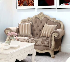 Homeroots 69" Gray And Off White Damask Chesterfield Loveseat And Toss Pillows Gray Fabric & Antique White  347288