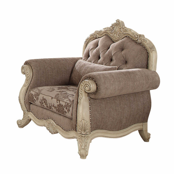 Homeroots 35" Gray And Pearl Fabric Damask Tufted Chesterfield Chair Gray Fabric & Antique White  347289