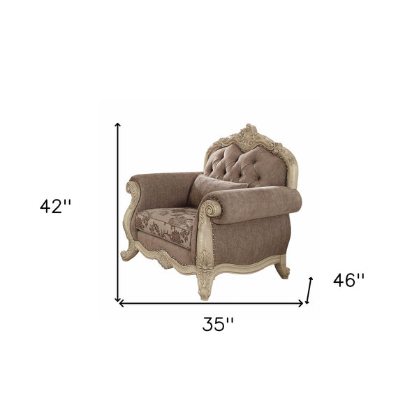 Homeroots 35" Gray And Pearl Fabric Damask Tufted Chesterfield Chair Gray Fabric & Antique White  347289