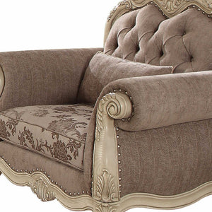Homeroots 35" Gray And Pearl Fabric Damask Tufted Chesterfield Chair Gray Fabric & Antique White  347289