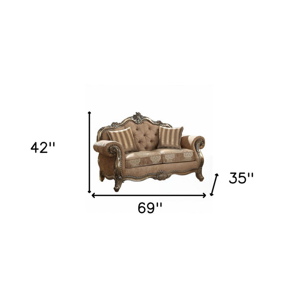 Homeroots 69" Brown And Platinum Damask Chesterfield Loveseat Fabric & Vintage Oak  347290
