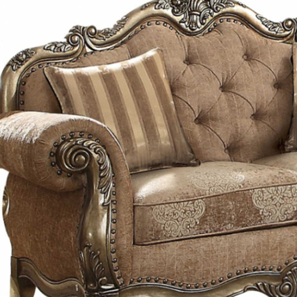 Homeroots 69" Brown And Platinum Damask Chesterfield Loveseat Fabric & Vintage Oak  347290