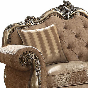 Homeroots 69" Brown And Platinum Damask Chesterfield Loveseat Fabric & Vintage Oak  347290