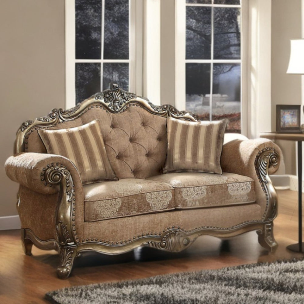 HomeRoots 69" Elegant Chesterfield Loveseat with Plush Cushions and Two Coordinating Toss Pillows for Comfort Fabric & Vintage Oak 347290