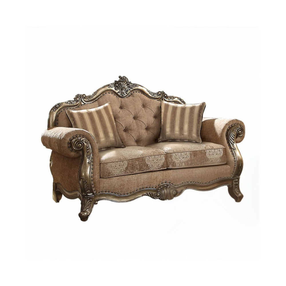 HomeRoots 69" Elegant Chesterfield Loveseat with Plush Cushions and Two Coordinating Toss Pillows for Comfort Fabric & Vintage Oak 347290