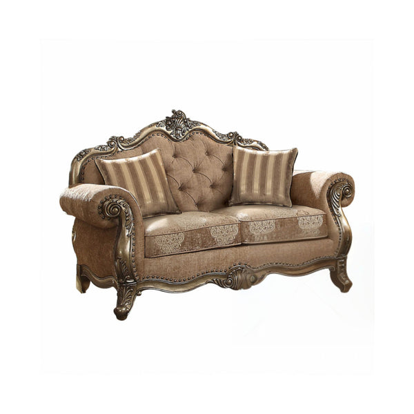 Homeroots 69" Brown And Platinum Damask Chesterfield Loveseat Fabric & Vintage Oak  347290