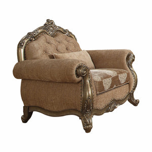 Homeroots 35" Brown And Champagne Linen Damask Tufted Arm Chair And Toss Pillow Fabric & Vintage Oak  347291