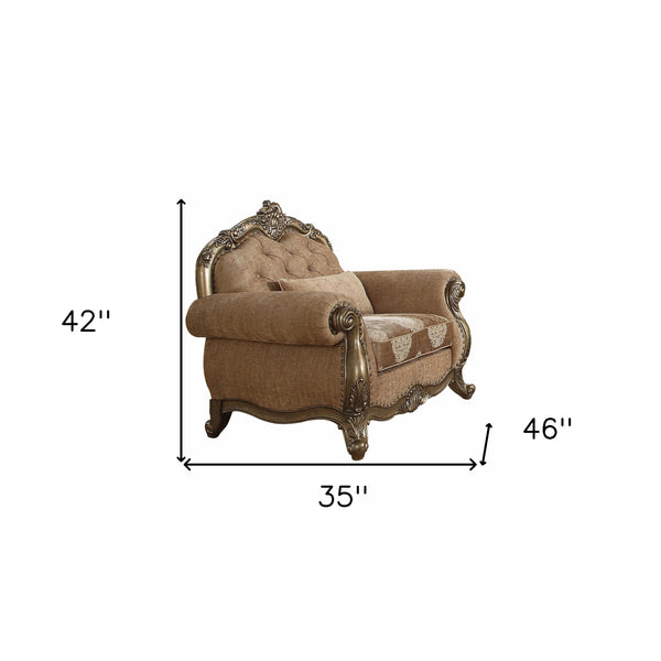 Homeroots 35" Brown And Champagne Linen Damask Tufted Arm Chair And Toss Pillow Fabric & Vintage Oak  347291