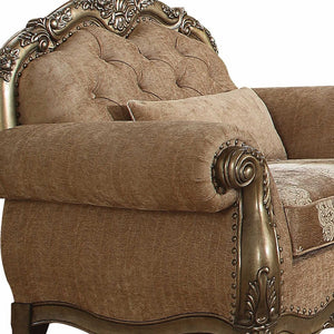Homeroots 35" Brown And Champagne Linen Damask Tufted Arm Chair And Toss Pillow Fabric & Vintage Oak  347291