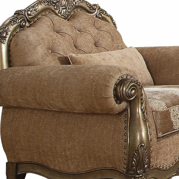 Homeroots 35" Brown And Champagne Linen Damask Tufted Arm Chair And Toss Pillow Fabric & Vintage Oak  347291